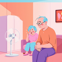 폭염 속 선풍기 앞에 앉은 노부부, 여름철 전기요금 걱정하는 장면