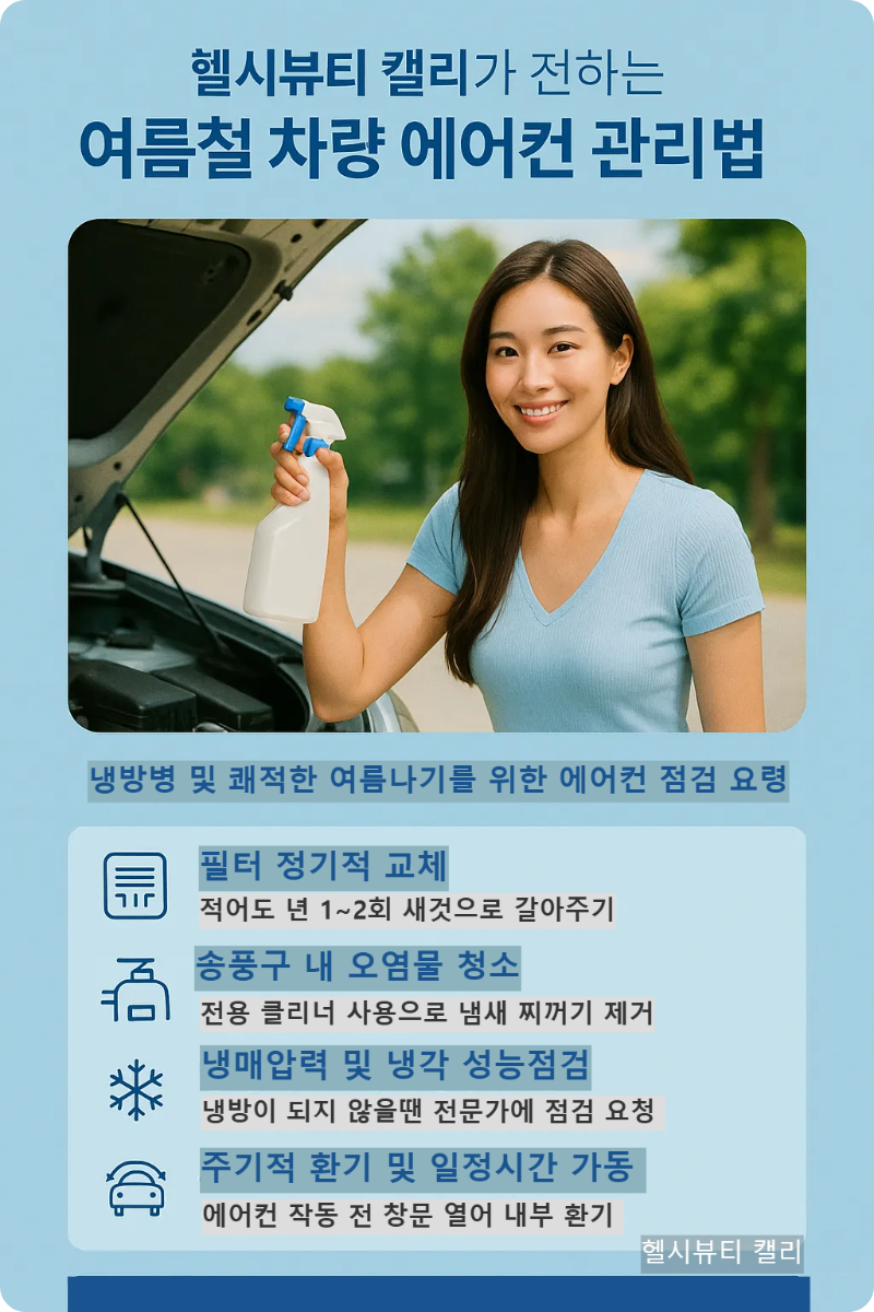 여름철 에어컨 관리와 차량관리 예방법을 가이드하고 있는 여성의 모습