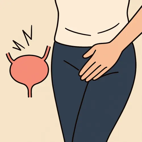 손으로 복부 아랫 부분을 누르며 소변을 참는 듯한 모습