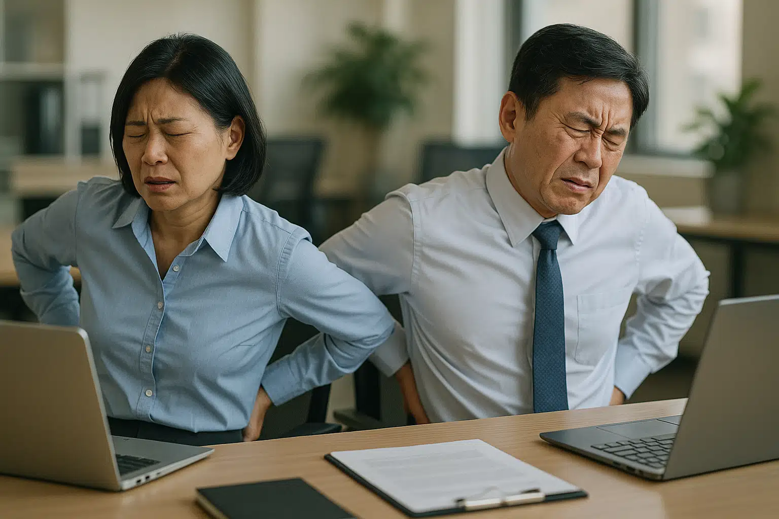 사무실에서 책상에 앉아 오른쪽 등을 만지며 불편해하는 중년 남녀