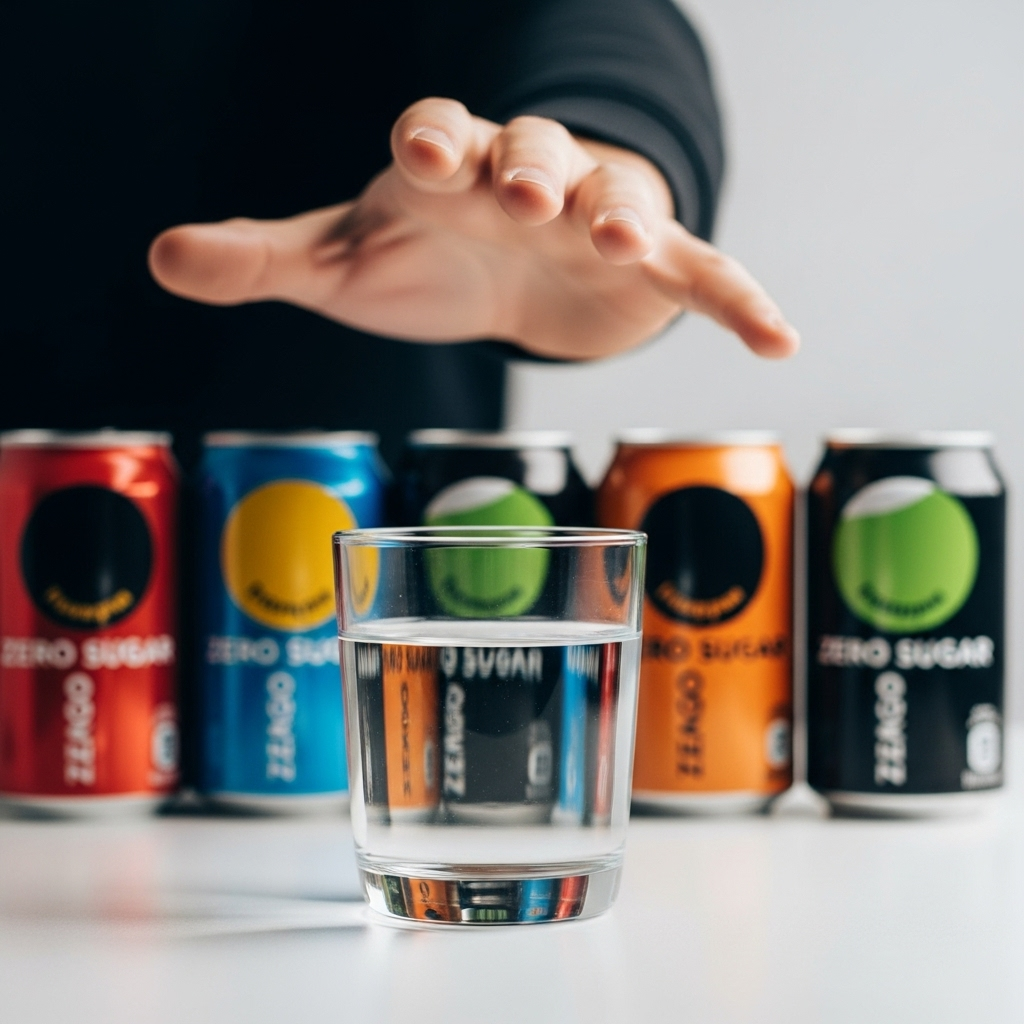 한 사람의 손이 여러 제로 음료 캔들을 지나쳐, 최종적으로 깨끗한 물 한 잔을 선택하는 모습
