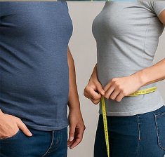 남녀 커플이 허리 둘레를 측정하며 다이어트 중인 모습