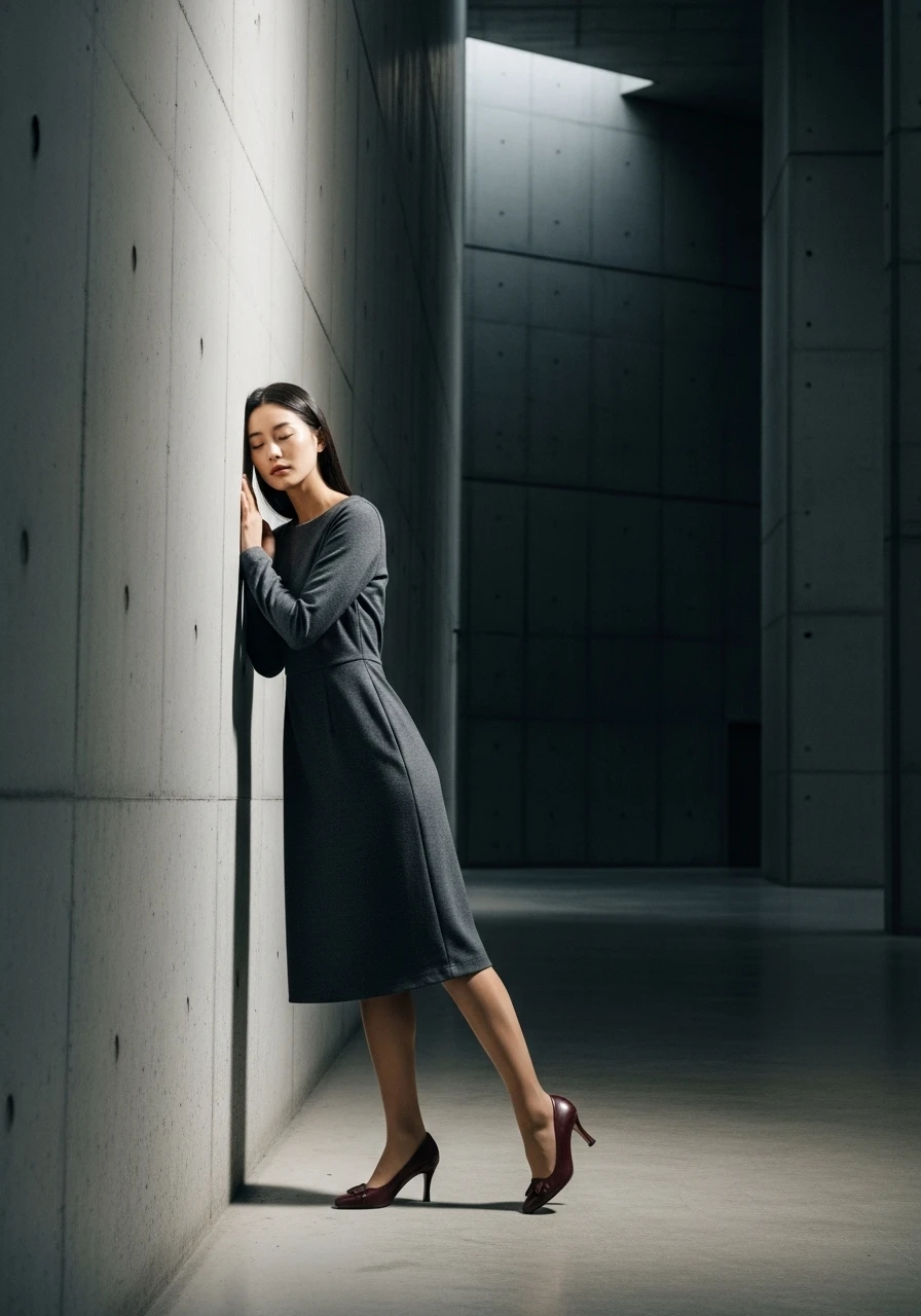 한 여성이 구글 알고리즘을 닮은 거대하고 텅 빈 콘크리트 공간에 홀로 서서, 거대한 벽에 기대어 고뇌하고 있는 모습