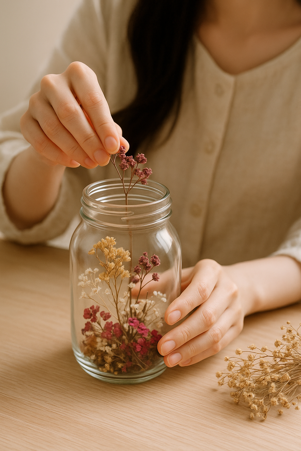 A woman's delicate hands arranging dried flowers inside a glass jar while creating a floral terrarium