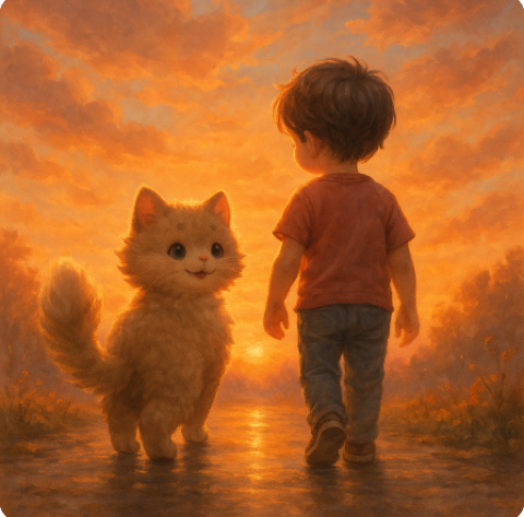 노을 아래 나란히 걷는 고양이와 아이/Cat and child walking at sunset together