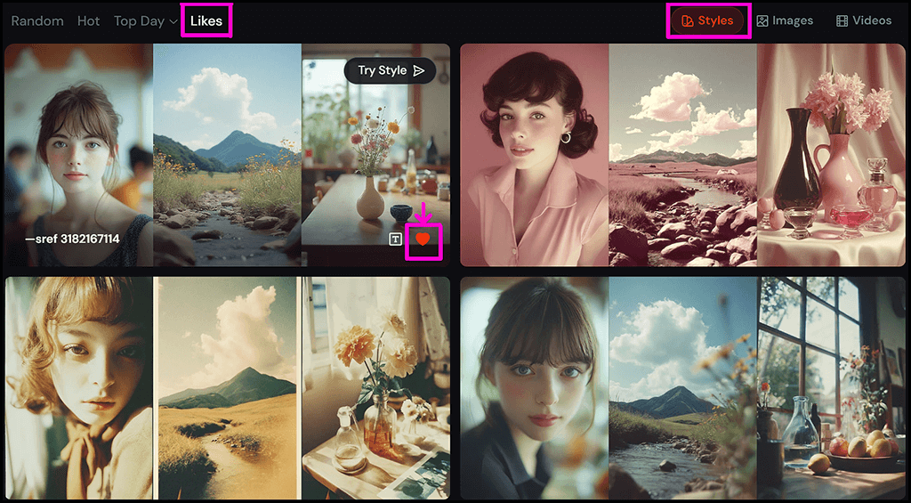 미드저니 Style Explorer, 마음에 드는 스타일을 라이브러리에 저장하는 'Like' 버튼 이미지_Midjourney