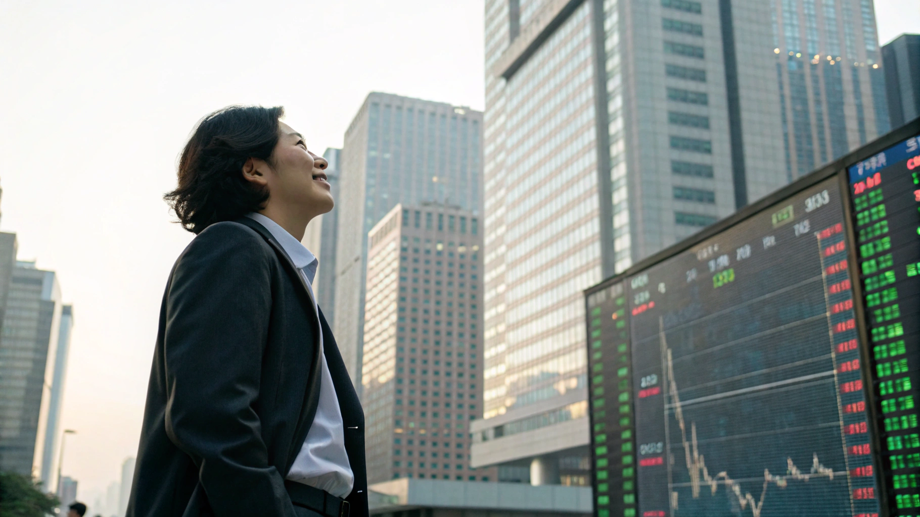 금융 지구 배경에 주식 시장 전광판을 바라보는 비즈니스 정장 차림의 직장인. 고층 빌딩 앞에서 위를 올려다보며 미소 짓는 모습. 초록색과 빨간색으로 표시된 주가 정보가 담긴 전광판 옆에 서 있음.