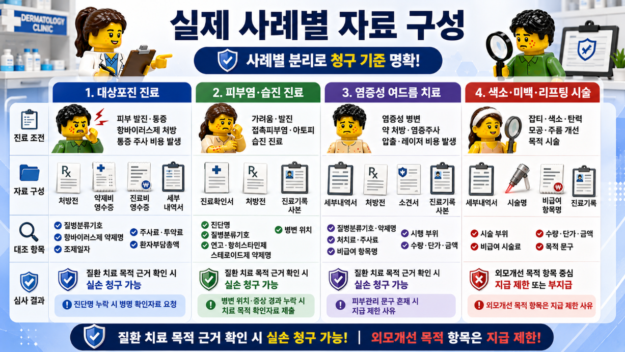 피부과 실손 청구 자주 묻는 질문을 대상포진, 피부염, 여드름, 레이저, 미용 시술 기준으로 정리한 인포그래픽