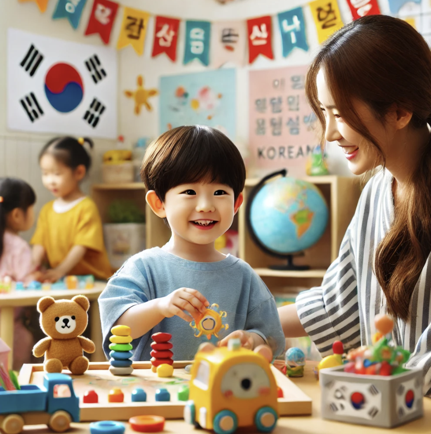 유치원에서 아이들이 친구들과 함께 놀이하고 있는 장면