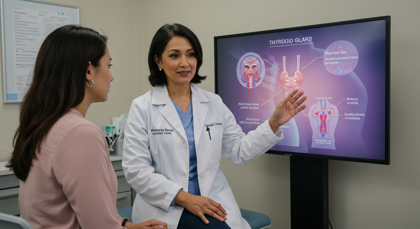 갑상선암 치료 및 예후 상담 장면을 묘사한 병원 일러스트