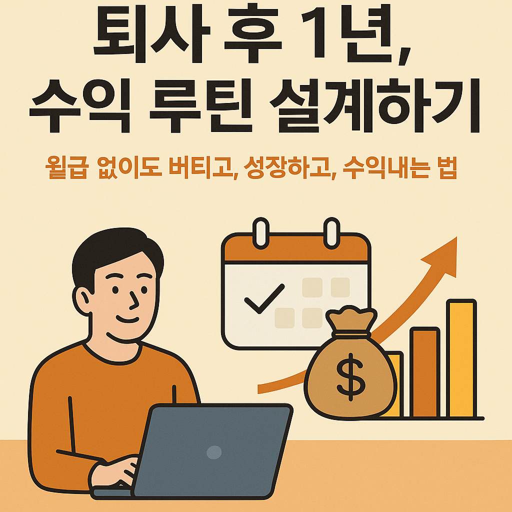 퇴사 후 1년 수익 루틴 설계를 상징하는 플랫 스타일 디지털 일러스트 – 루틴 다이어그램과 수익 아이콘이 조화를 이루는 구성
