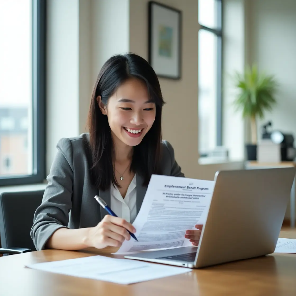 3. 청년 취업 지원 서류를 확인하며 노트북 앞에서 고민하는 한국인 청년 여성, 밝은 실내 사무실 분위기