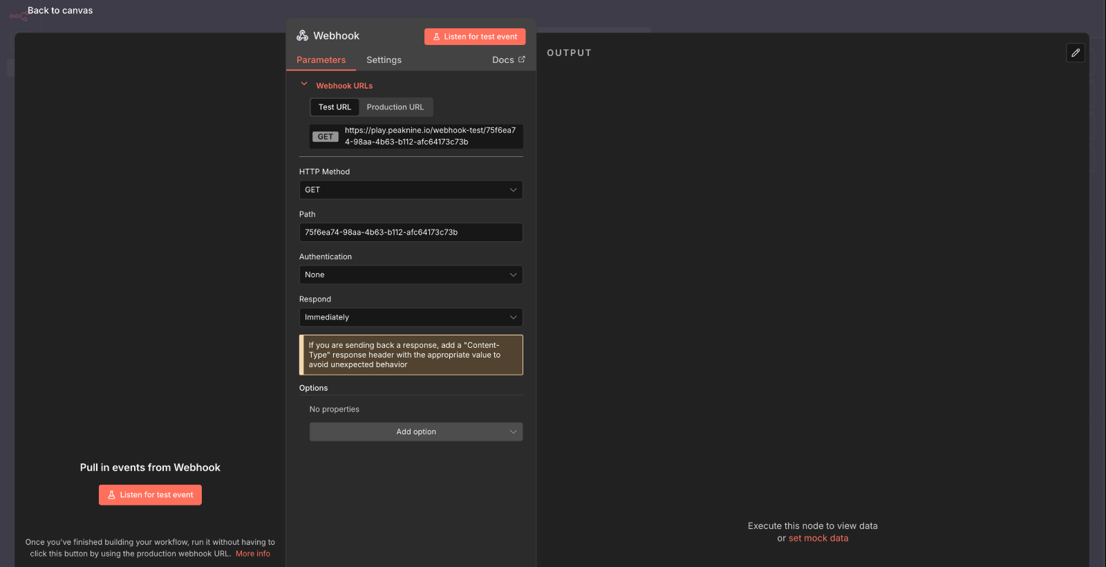 Webhook Test URL과 Production URL이 설정파일에 등록된 HTTPS URL로 정상 표시됩니다