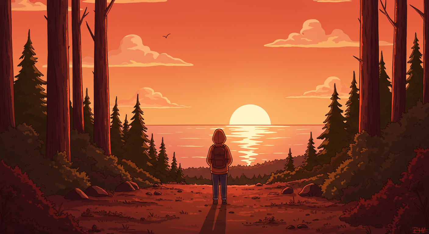 일몰 속 산책길 위에서 멈춰 서 있는 사람의 감성적인 순간