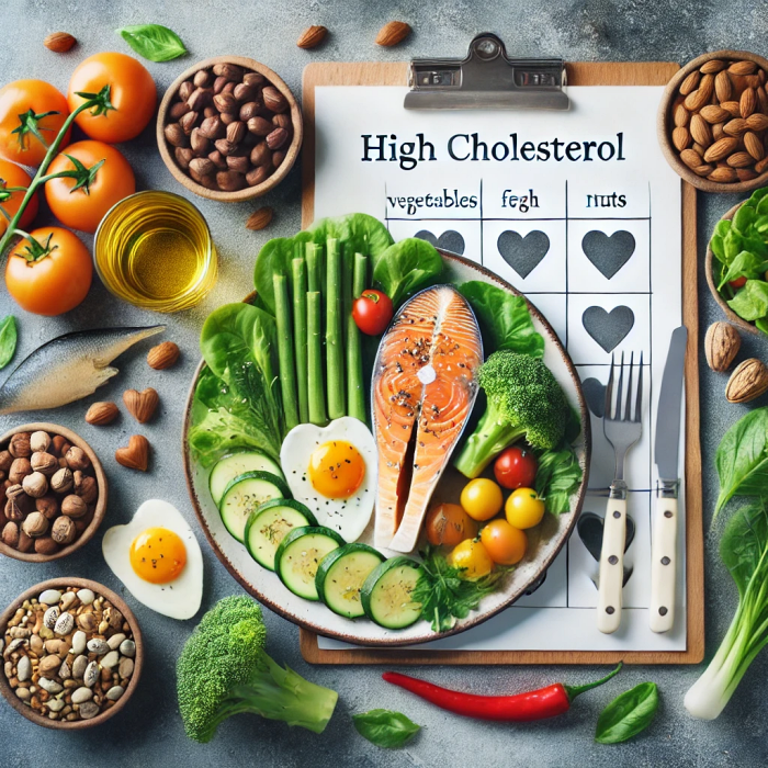 고지혈증 환자를 위한 건강 식단이 포함된 균형 잡힌 음식 이미지