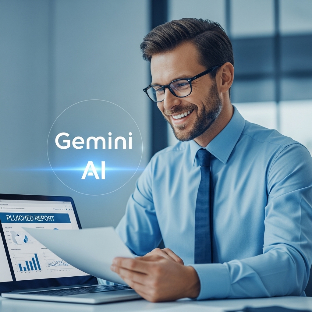 모던한 사무실에서 제미나이 AI가 생성한 보고서를 보며 자신감 있게 미소 짓는 직장인