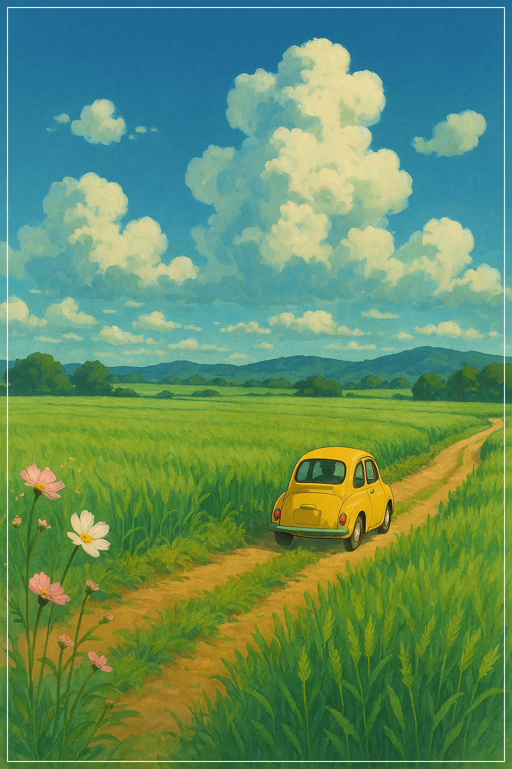 "지브리풍 배경 속 노란 자동차가 초록 들판 위를 달리는 장면"