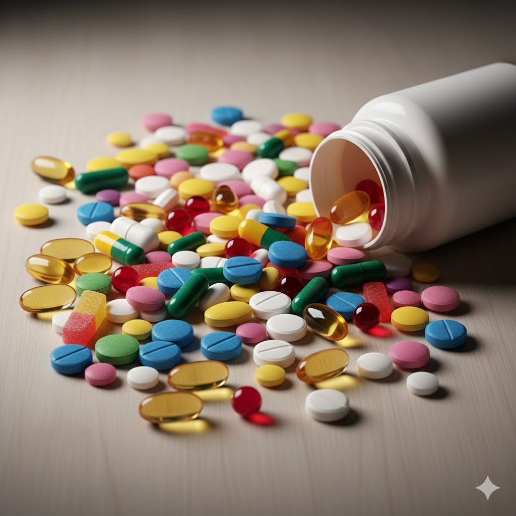 알록달록한 영양제 알약들이 섞여 있는 감각적인 연출 사진