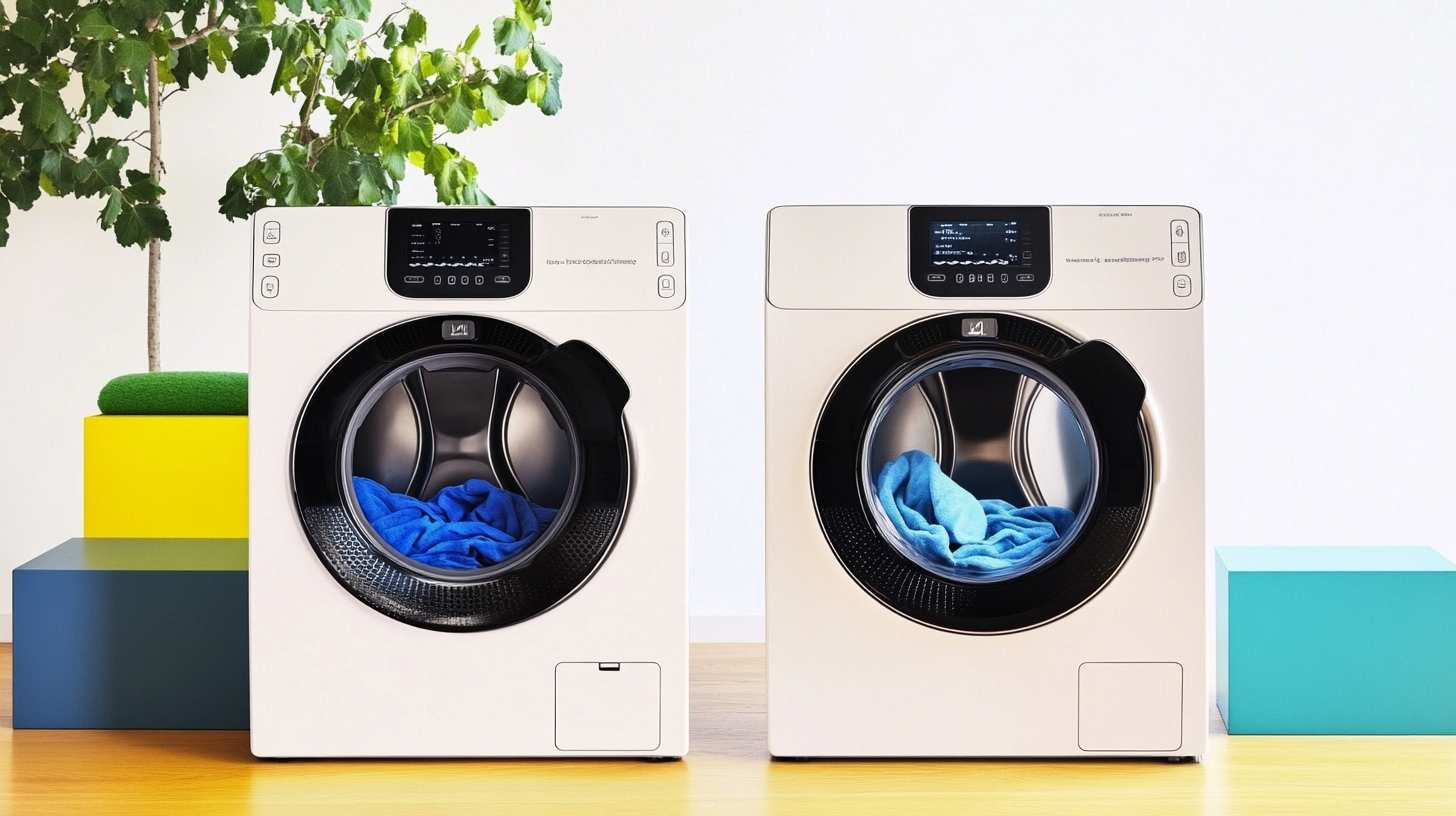 삼성 AI 세탁기와 경쟁사 제품을 나란히 비교하여 배치하고, 삼성의 세련되고 혁신적인 디자인을 강조하고 있는 이미지입니다.