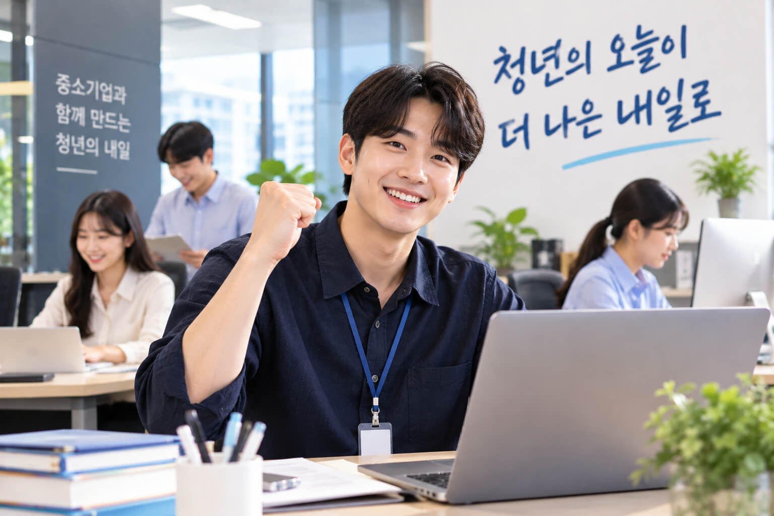 경기도 중소기업에서 근무하는 청년 노동자가 노트북으로 업무를 하며 청년 지원사업 참여를 준비하는 모습