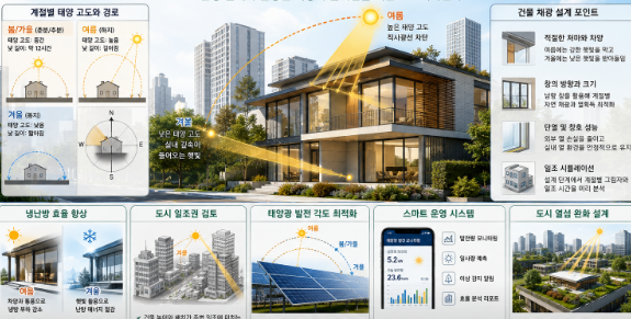 계절에 따라 달라지는 태양 고도와 햇빛 방향을 기반으로 건물 채광, 냉난방 효율, 도시 일조권, 태양광 발전 시스템을 설명