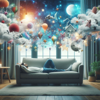 다양한 꿈의 요소들이 모여 펼쳐진 장면, 사람의 머리 위로 떠다니는 화려한 꿈들.