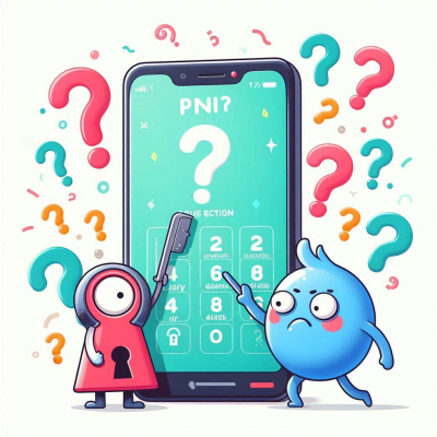 다양한 색상의 캐릭터들이 비밀번호 입력 화면에 질문을 던지며 혼란스러운 상황을 표현한 이미지입니다.