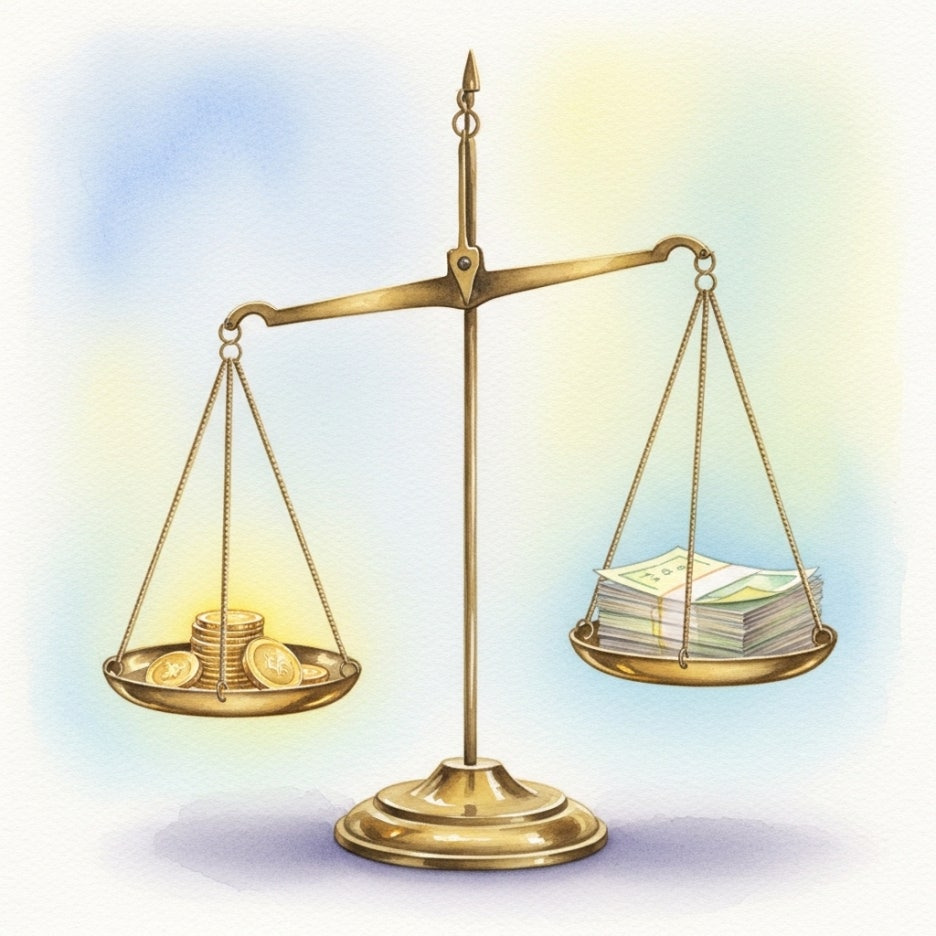 금화와 서류를 저울질하는 모습의 수채화