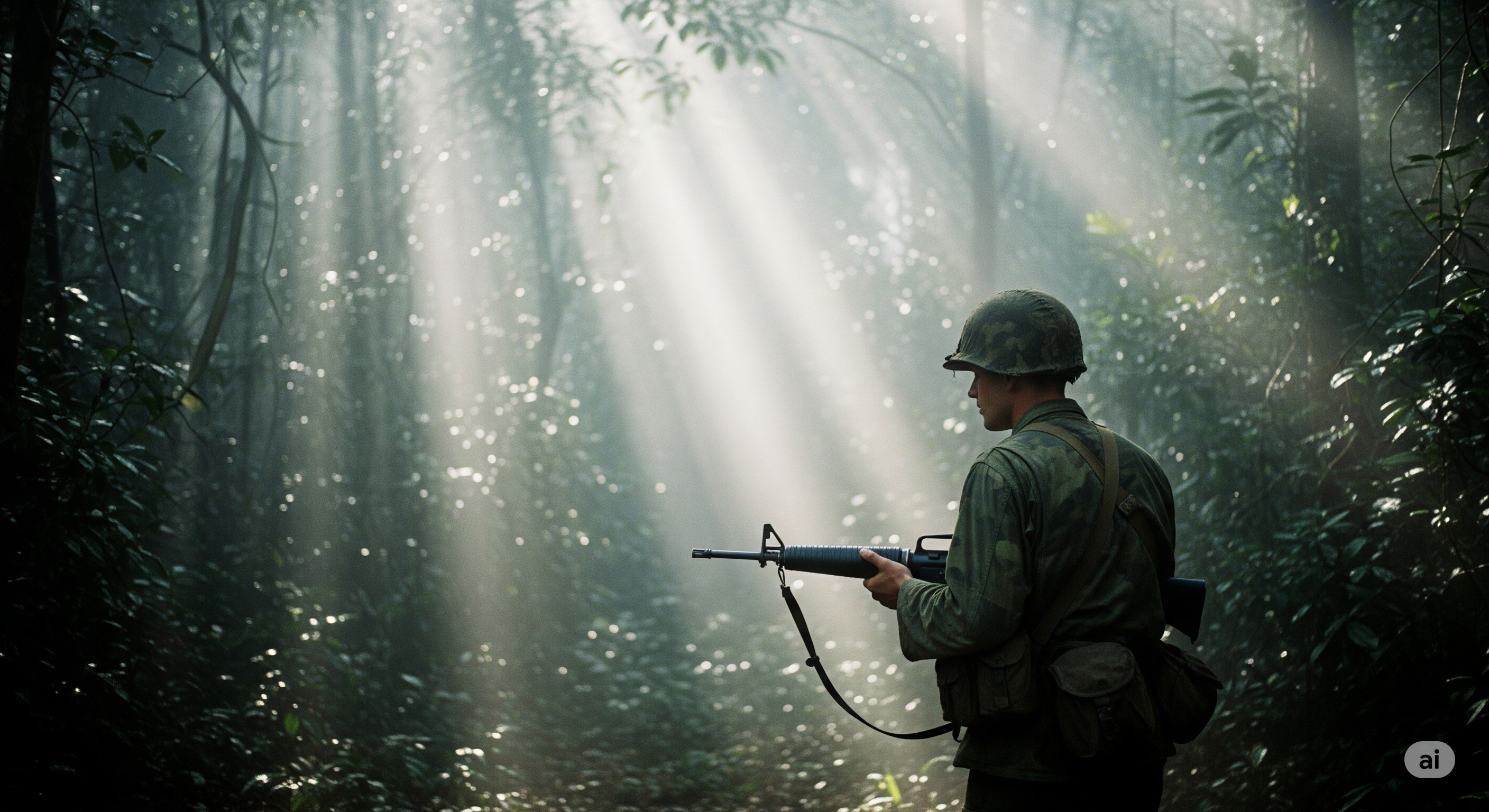 The lonely and tense silhouette of a US soldier walking alone through a dense, foggy jungle during the Vietnam War.