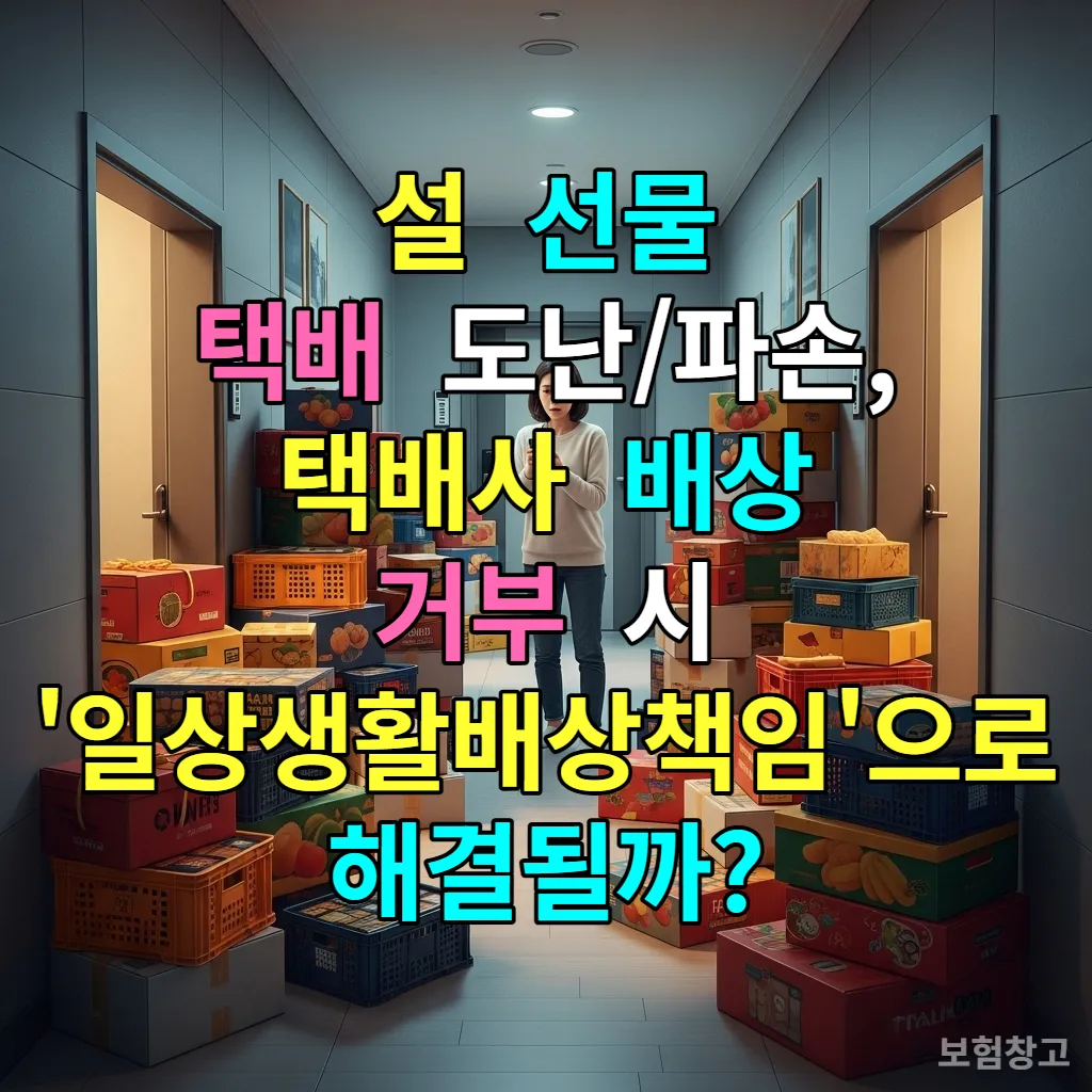 2026년 설 명절 아파트 복도에 쌓인 택배 상자들과 분실을 걱정하는 한국 여성의 모습