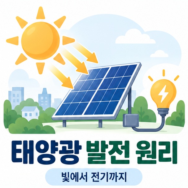 태양광 발전 원리를 상징하는 태양 태양광 패널과 전기 아이콘 인포그래픽