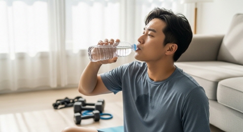 홈트 중간 쉬는 시간&amp;#44; 물 마시는 남성