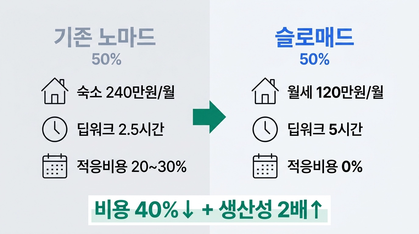 슬로매드와 디지털노마드 월 비용 생산성 비교 인포그래픽