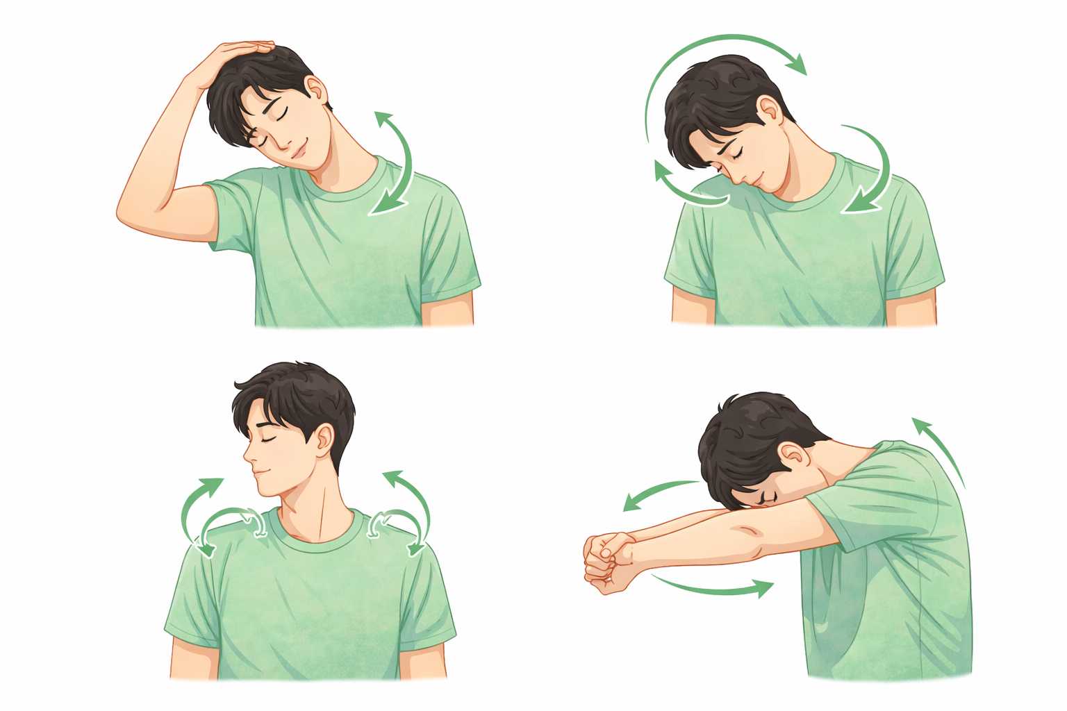 목. 어깨, 등 스트레칭 방법을 보여주는 이미지