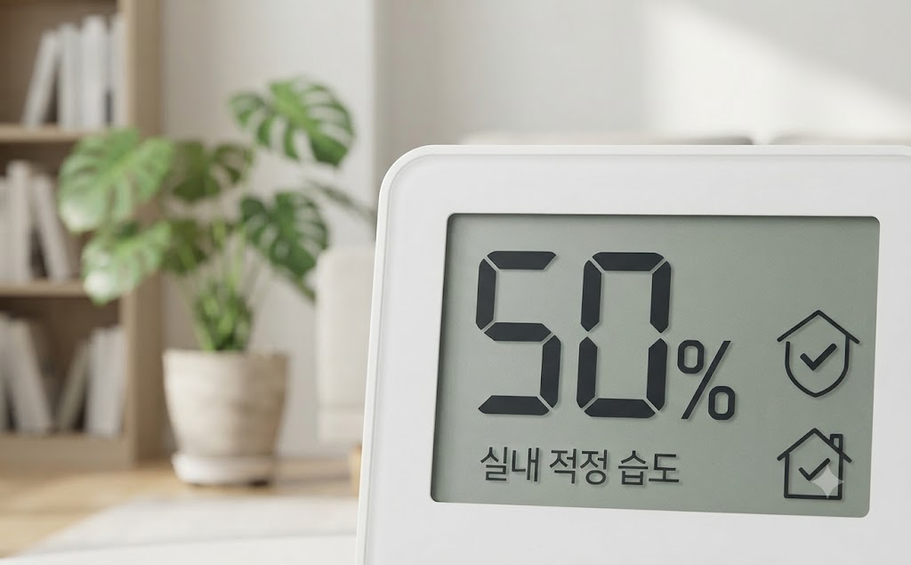 "실내 적정 습도 50%를 나타내는 디지털 온습도계 화면과 그 뒤로 은은하게 보이는 식물과 책장이 있는 거실 풍경"