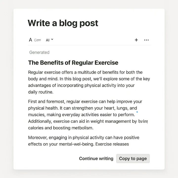 Notion AI๊ฐ ๋ธ๋ก๊ทธ ์ด์ ๋ฌธ์ฅ์ ์๋์ผ๋ก ์์ฑํ ์ธํฐํ์ด์ค ์์