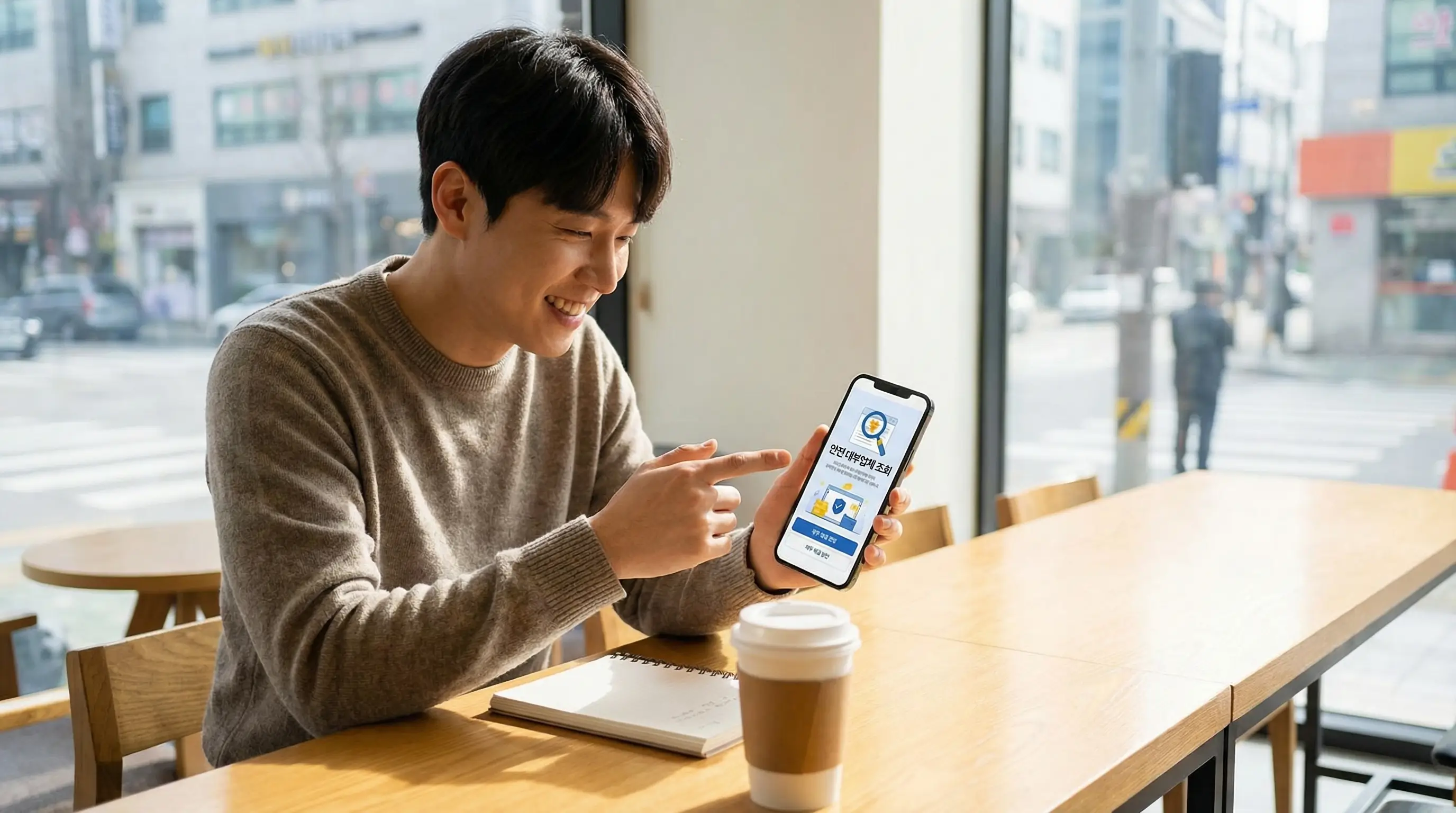 스마트폰으로 안전한 대부업체 한도를 조회하고 채무 해결 방안을 찾는 긍정적인 모습