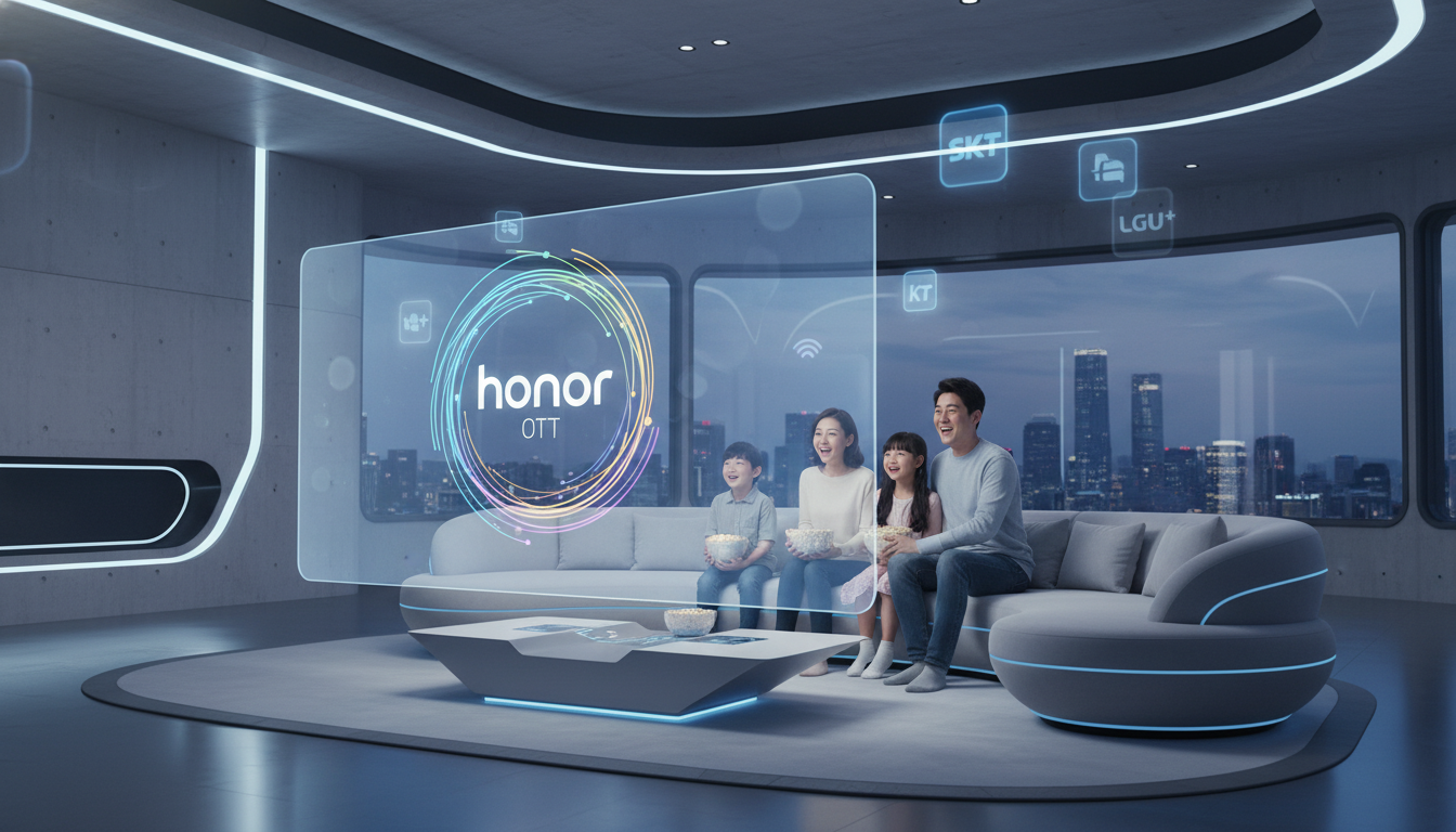 2026년 최신 아너(Honor) OTT 서비스를 거실에서 무료로 즐기고 있는 가족의 행복한 모습과 통신사 로고 배경