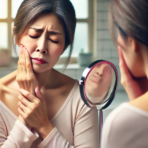 거울 앞에서 볼을 살짝 누르며 잇몸 통증을 걱정스럽게 느끼는 동양인 중년 여성의 초고해상도 사진