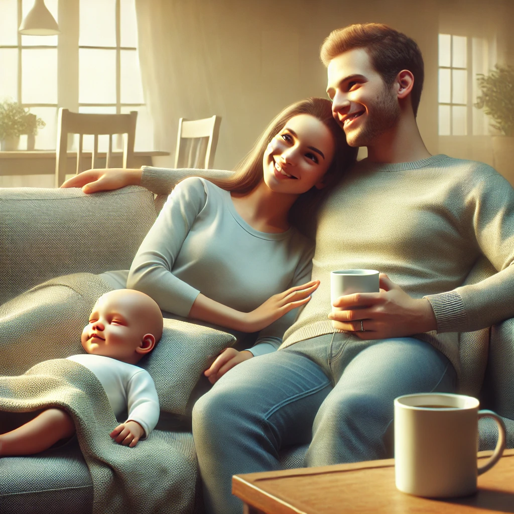 🔹 아기가 자는 동안 부모가 편안하게 차를 마시며 휴식을 취하는 장면
🔹 따뜻하고 아늑한 가정 분위기 연출