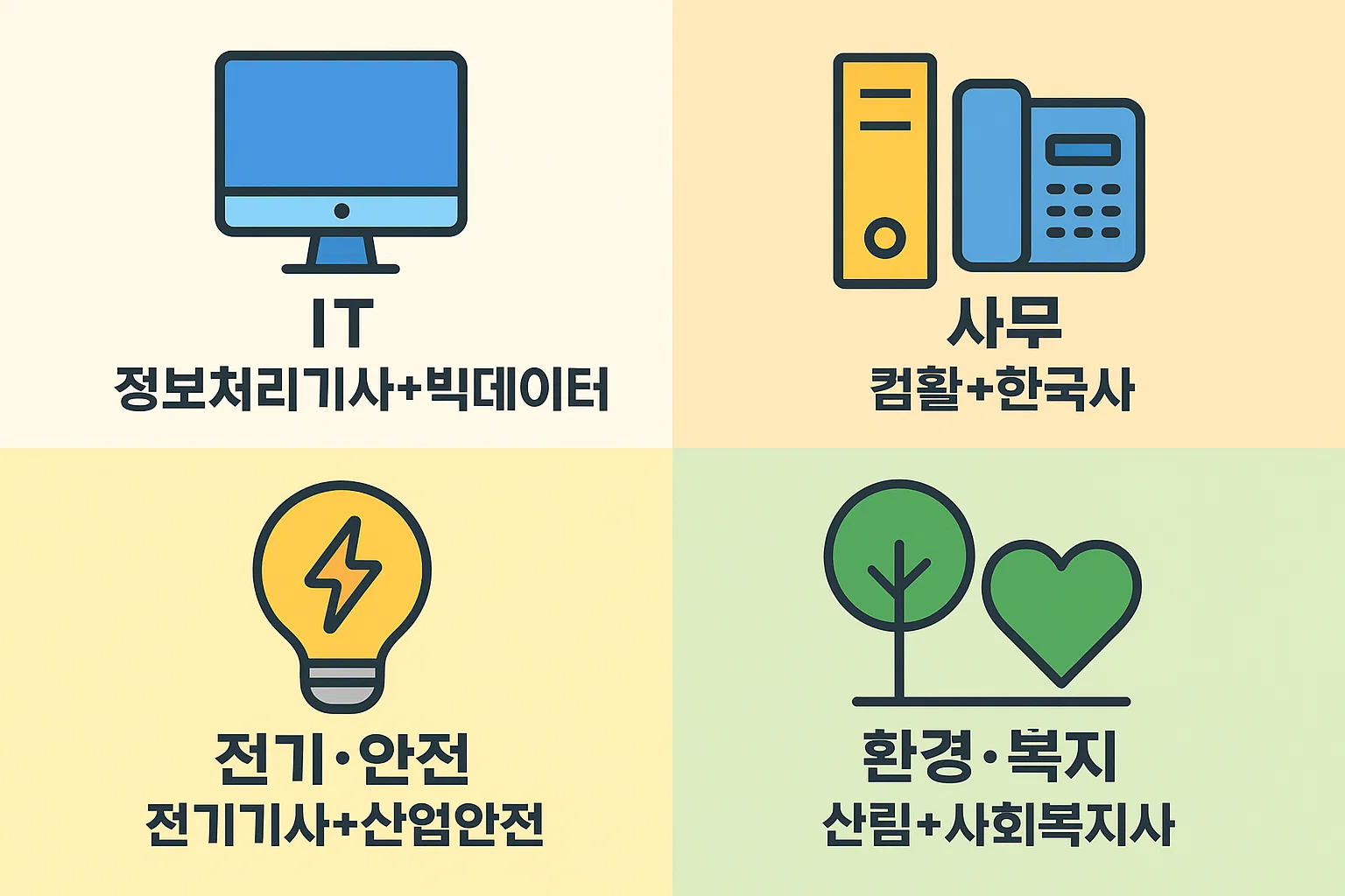 IT, 사무, 전기·안전, 환경·복지 등 직무별로 필요한 국가자격증 조합을 정리한 인포그래픽으로, 정보처리기사+빅데이터, 컴활+한국사, 전기기사+산업안전, 산림+사회복지사 등 구체적인 매칭 가이드를 제공합니다.