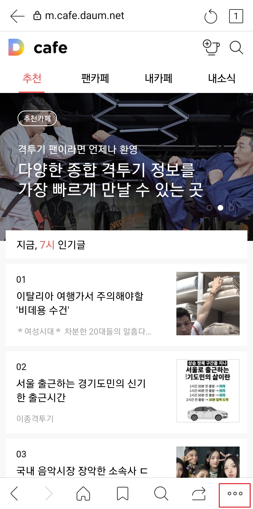 다음 카페 메인 우측 하단 점 3개 버튼