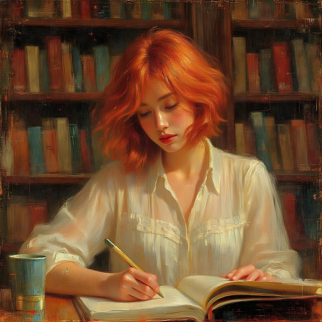 글을 쓰고 있는 여성을 담은 사진.