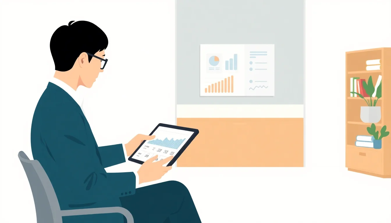 안경 쓴 남자가 태블릿으로 데이터를 보고 있다.