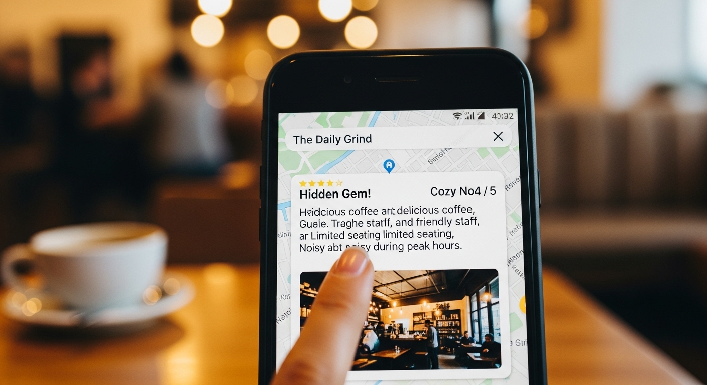 스마트폰 지도 앱에서 숨겨진 카페의 솔직한 방문자 리뷰를 확인하는 모습