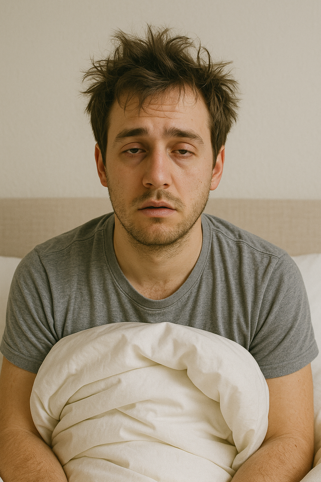 피곤한 얼굴의 방금 자다 일어난 남성 이미지