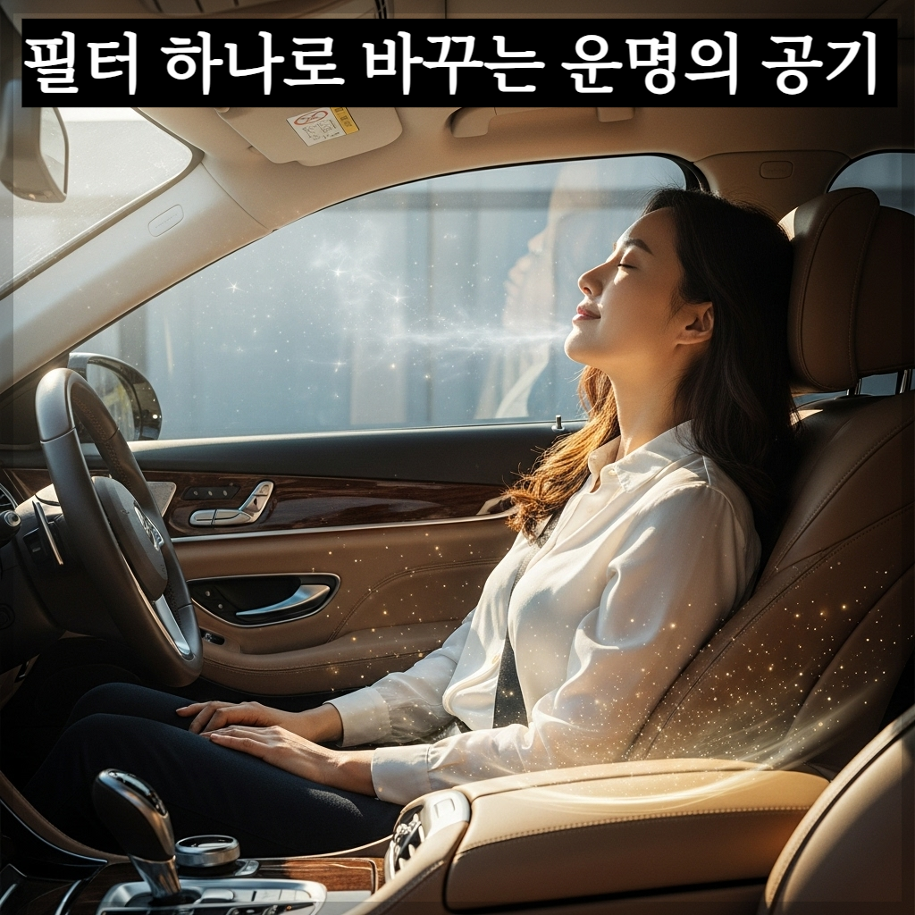 햇살이 가득 비치는 차 안에서 한 여성이 맑은 공기를 들이마시며 평온한 표정을 짓고 있는 모습. 조수석 쪽 대시보드 안쪽에서 하얀 에어컨 필터가 황금빛으로 빛나며 깨끗한 기운이 퍼져나가는 모습을 시각적으로 표현한 사진