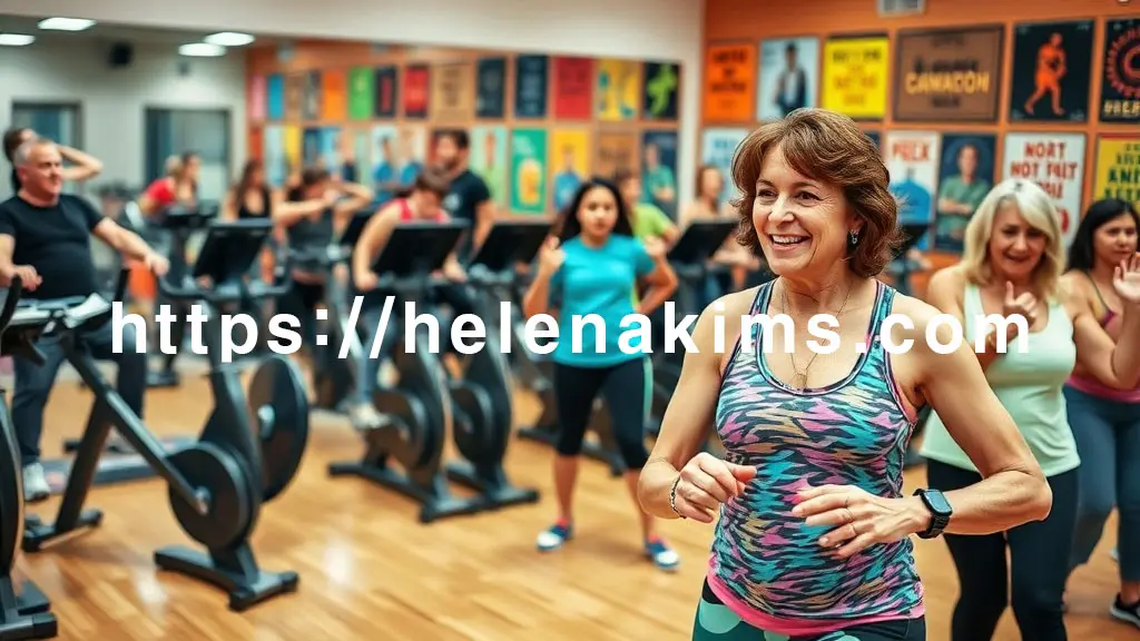 휘트니스 클럽에서 다양한 연령대의 사람들이 활기차게 움직이는 모습이 하나의 화면에 조화롭게 담겨 있습니다.