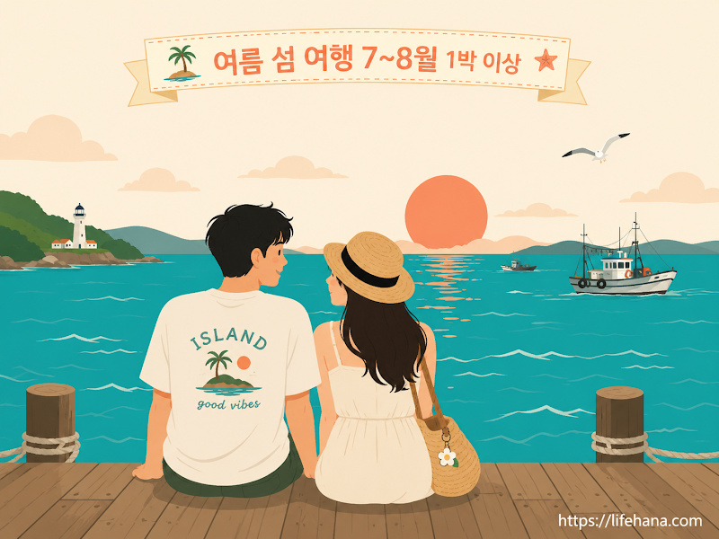 푸른 바다 위에 떠 있는 아름다운 섬 전경과 2026년 섬 방문의 해 공식 엠블럼 일러스트