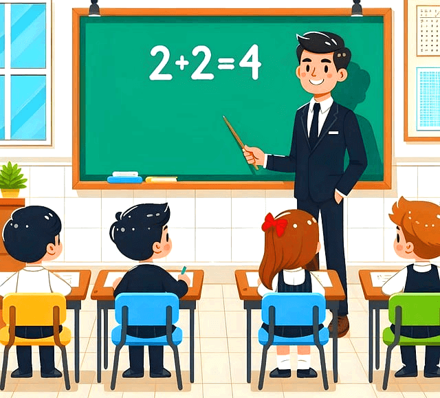 교식에서 남자 선생님이 칠판에 2+2=4라고 적었다. 4명의 초등학생들이 나란히 의자에 앉아 수업을 듣는다.